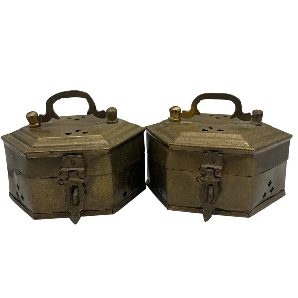 2 VTG‎ Brass Oriental Cricket Box Cage Metal Stash Asian Incense Potpourri India